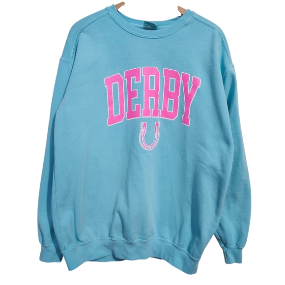 Comfort Colors sweatshirt Derby horseshoe aquamarine pink graphic women large - Picture 1 of 6